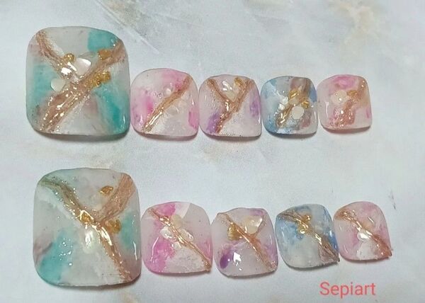 No178 ジェルネイルチップ☆付け爪 フット ペディキュア☆大理石柄ニュアンス☆カラフル