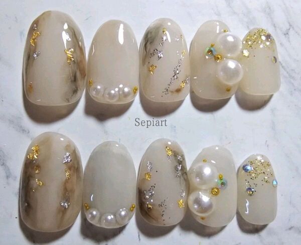 No320☆ジェルネイルチップ☆付け爪☆シアーグレー☆ニュアンス×パール☆カラー変更可能