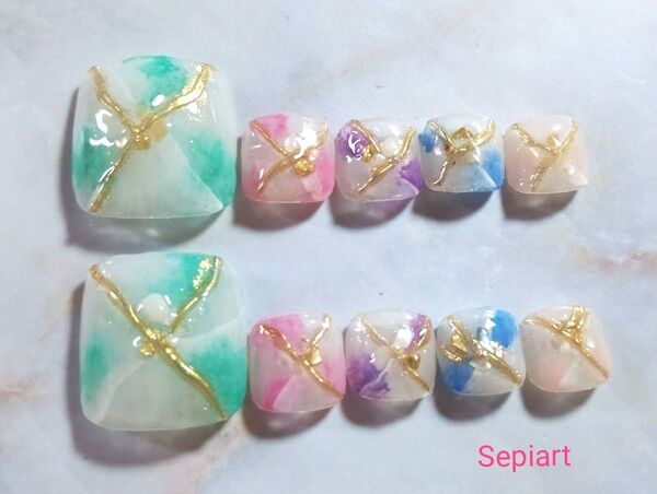 No178 ジェルネイルチップ☆付け爪 フット ペディキュア☆大理石柄ニュアンス☆カラフル