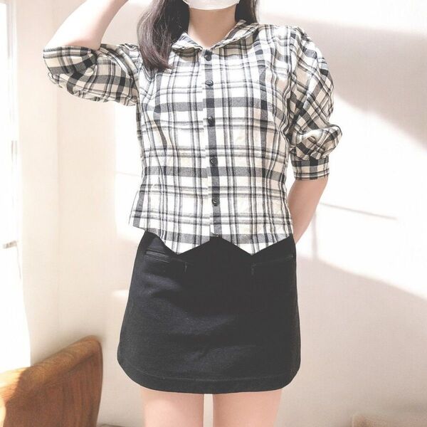 チェック柄シャツ 七分袖 バブリー 前ボタン 制服