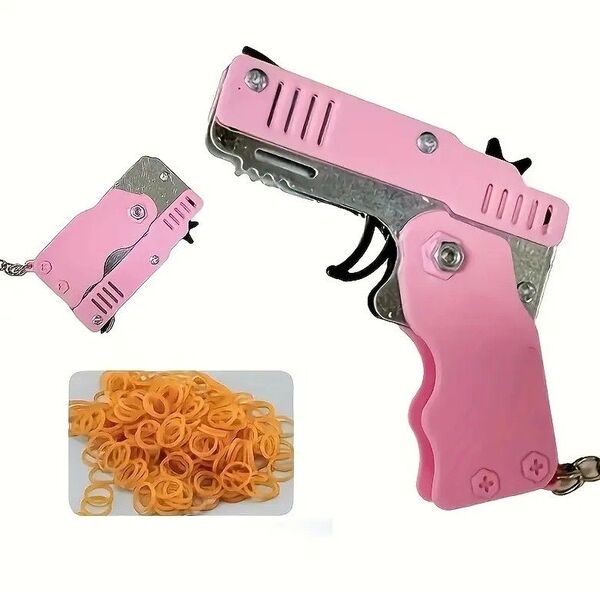 輪ゴム鉄砲ガン ピンク 輪ゴム付き 連射式 折りたたみ キーホルダー リボルバー 銃 モデルガン コンパクト 輪ゴム銃