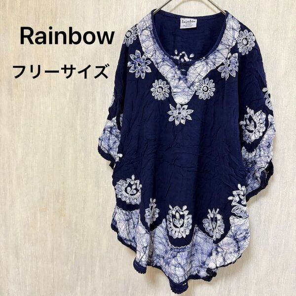 Rainbow 【フリーサイズ】ネイビー レーヨン トップス 古着 カットソー チュニック 花柄 半袖