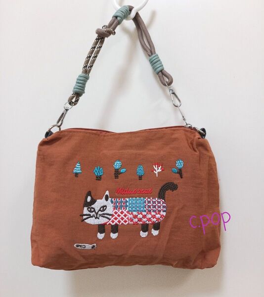 エスニック 猫柄 刺繍 2way ハンドバッグ ショルダーバッグ 軽量 ぶち猫 かばん 猫雑貨