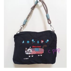 エスニック 猫柄 刺繍 2way ナイロン ショルダーバッグ ハンドバッグ ぶち猫 猫雑貨