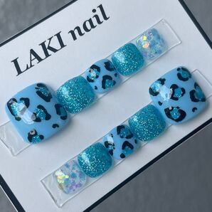 【即日発送】現品 ペディキュア フットネイルチップ 水色 レオパード ラメ 夏 ギャル