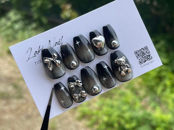 【即日発送】現品 サイズオーダー可 ブラック マグネット グラデーション リボン シルバー 韓国 Y2K 個性 ちゅるん