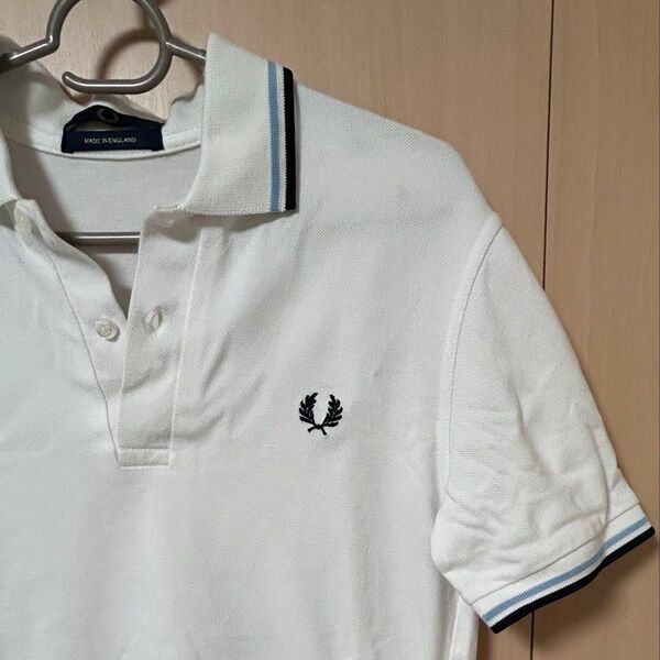 FRED PERRY フレッドペリー ワンポイントロゴ 刺繍 ポロシャツ M 半袖 ホワイト イングランド製 英国製 鹿の子