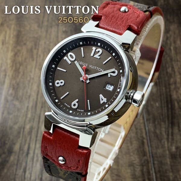 ルイヴィトン/LOUIS VUITTON タンブール Q1220 デイト モノグラム レディース腕時計 レザー レッド シルバー