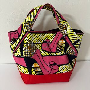 No361 アフリカ布 持ち手 マチ広めハンドメイド ミニトートバッグ