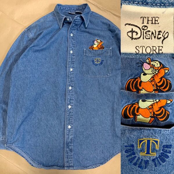 90s Disney Store Tigger デニム シャツ ティガー 古着 ヴィンテージ 長袖シャツ ディズニー