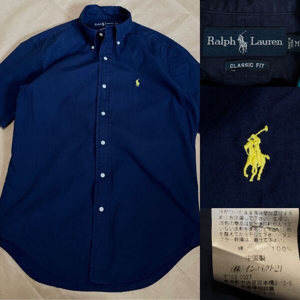 90s Ralph Lauren ラルフローレン 半袖シャツ ネイビー M BD ボタンダウン