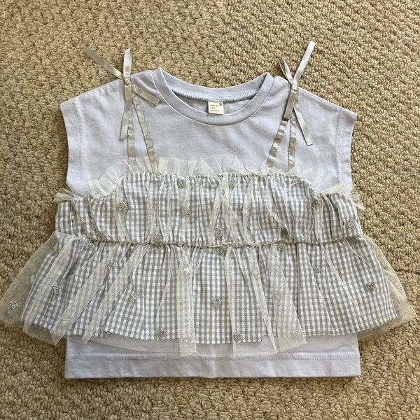 apres les cours ハート刺繍チュールドッキングトップス Tシャツ カラーサックス サイズ80
