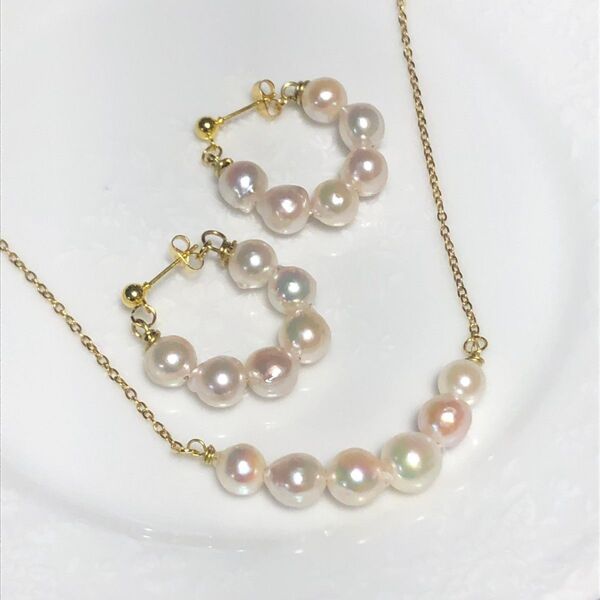 金属アレルギー対応 天然 あこや真珠 バロックパール ピアス ネックレス セット サージカルステンレス アコヤ貝 撮影 前撮り