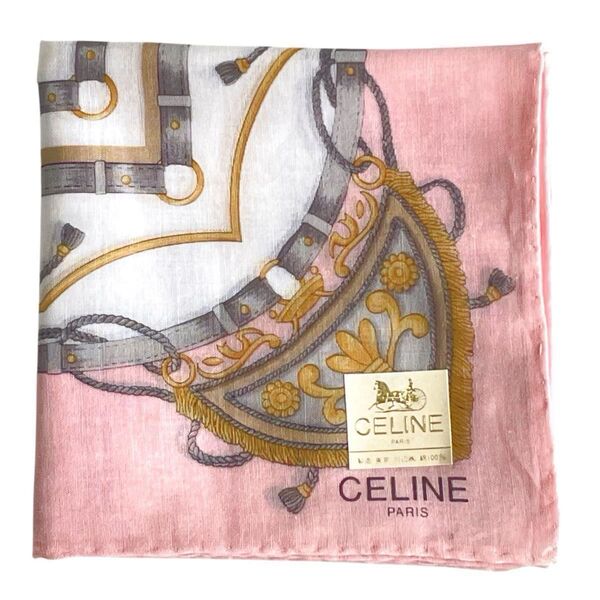 【未使用】 ※訳あり CELINE セリーヌ ハンカチ 馬具柄 ピンク ゴールド 綿100% 紋章 ロゴ レディース