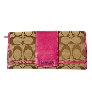 COACH 長財布 シグネチャー ピンク ベージュ ブラウン 総柄 レディース キャンバス レザー