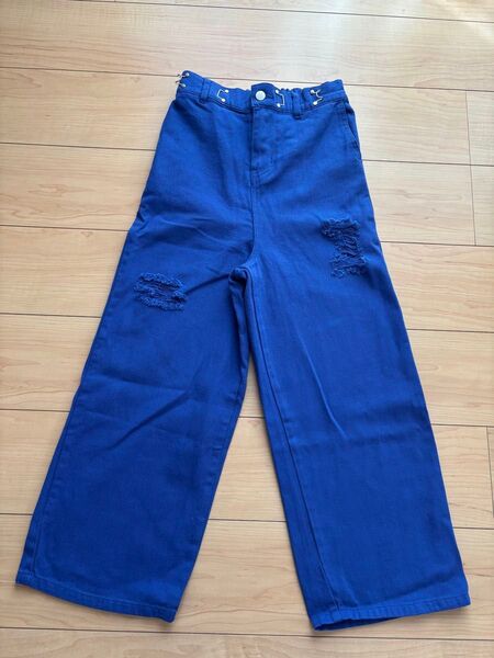 新品 ANAPGIRL ダメージワイドデニム デニムパンツ パンツ デニム ジーンズ 140cm ブルー XS
