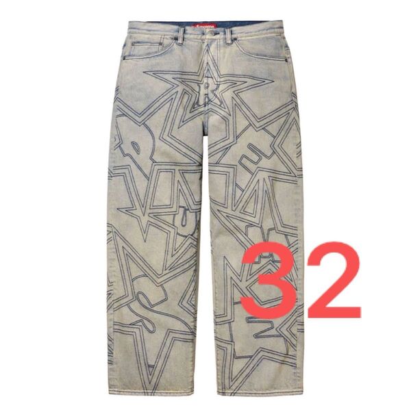 Supreme Stars Topstitch Baggy Jean Dirty 32インチ デニムパンツ
