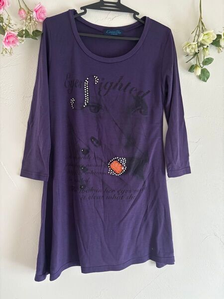 紫スパンコールビジュー ロング丈 キラキラ Tシャツ七分袖ストレッチ夏物Mサイズ トップス ロックハード カットソー美品