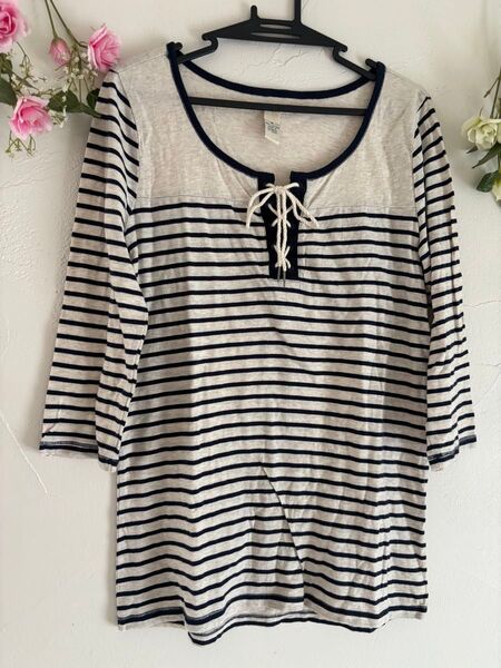 綿100%七分袖 Tシャツ カットソー ロング丈 グレー系黒紺 ボーダー夏物美品Mサイズ 美品