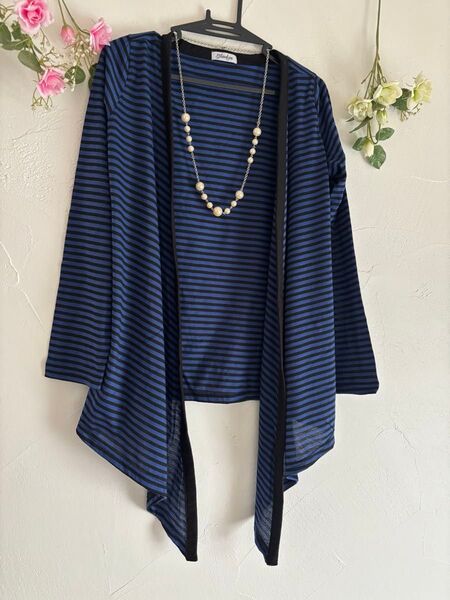 青黒ボーダードレープ春夏ネイビー紺 長袖カーディガン美品Mサイズ