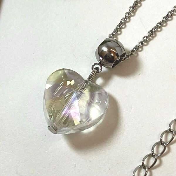 #07【訳あり】ハンドメイド ハート ガラス クリア シルバー ネックレス ペンダント アジャスター付