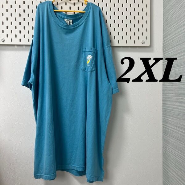 古着半袖Tシャツ2XLコンフォートカラーズ アメカジCOMFORT COLORS オーバーサイズBIG size 水色 夏服
