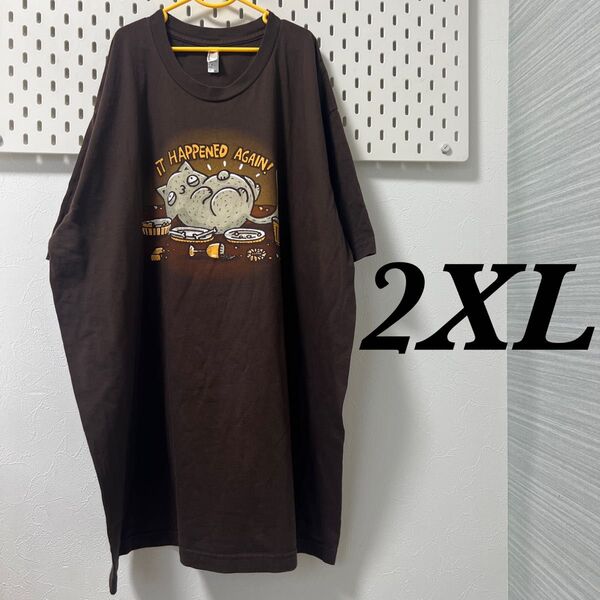 古着半袖Tシャツ2XL アメリカンアパレル American aqarel 茶ブラウン アメカジ プリント オーバーサイズ BIG