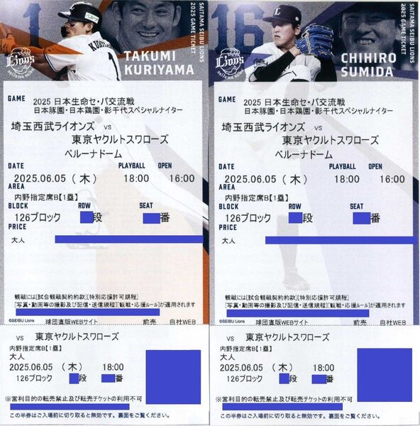 【126ブロック 通路側から2席】6/5(木曜日)埼玉西武ライオンズ対東京ヤクルトスワローズ 1塁側内野指定席B ペア