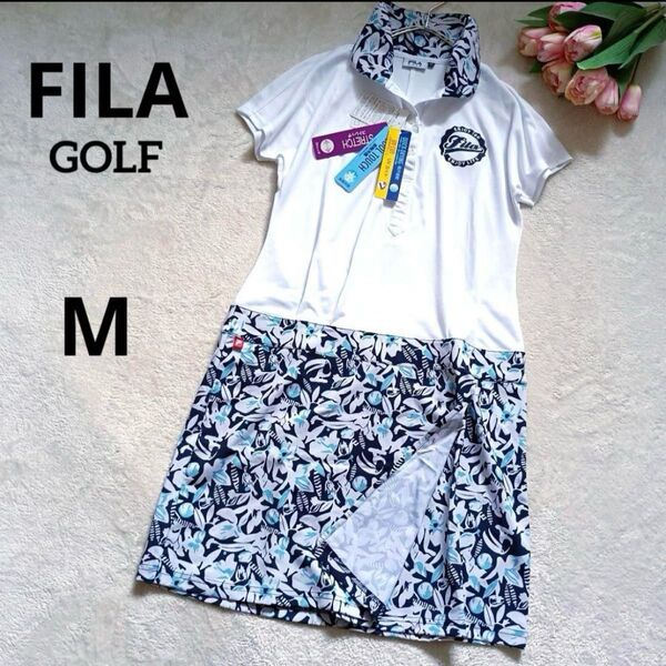 新品 FILA GOLF フィラゴルフ ワンピース ポロシャツ 切り替え M ゴルフウェア 半袖 トロピカル柄 ポロワンピ 白 紺