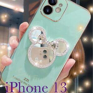 ミラー付き ディズニー 可愛い キラキラ グリーン iPhone 13
