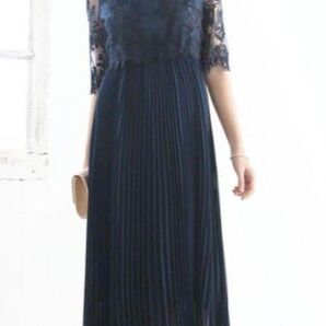 美品●パーティー 結婚式 ドレス 5分袖 花柄シアーワンピース プリーツ ネイビー(38 )