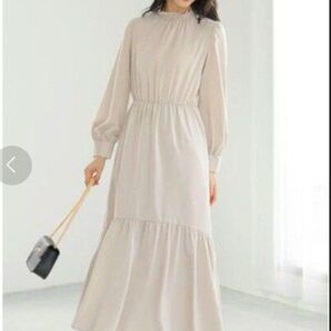 美品●アースミュージック&エコロジー 長袖 ロング ワンピース シルバー ベージュ