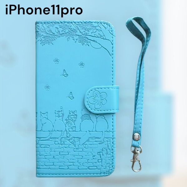iPhone 11 Pro 手帳型ケース 猫デザイン ターコイズブルー