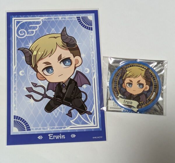 進撃の巨人 天使と悪魔Ver.ミニキャラ缶バッジ、特典ポストカード エルヴィン・スミス