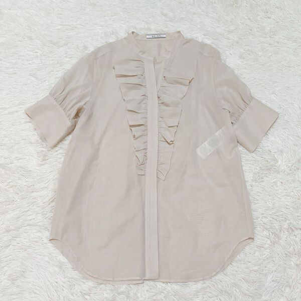 BEIGE, ベイジ フリルブラウス カットソー ベージュ 半袖 シャツ スキッパー 大きいサイズ サイズ4