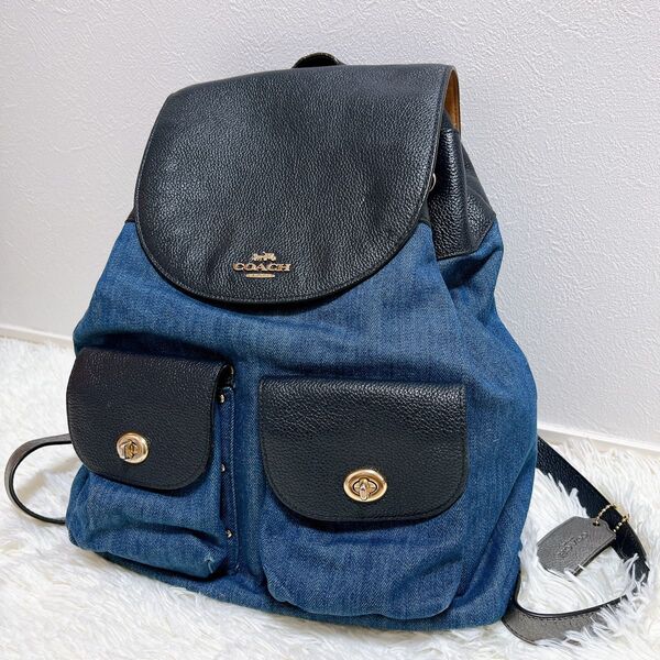 COACH コーチ デニム リュック フローラル レザー ターンロック バックパック レアカラー 花柄 ネイビー