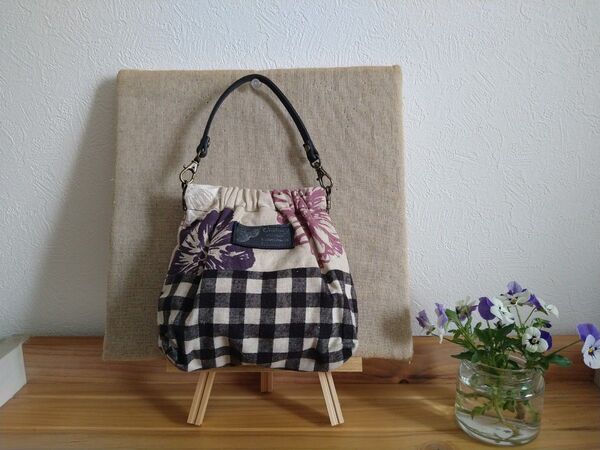 ハンドメイド ミニバッグ バネポーチ チェック 花柄ハンドメイド