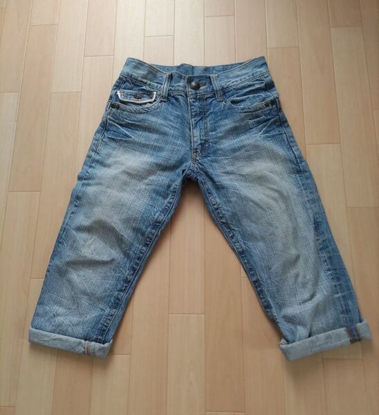 ライトブルーデニムパンツ ロールアップスタイル ハーフパンツ