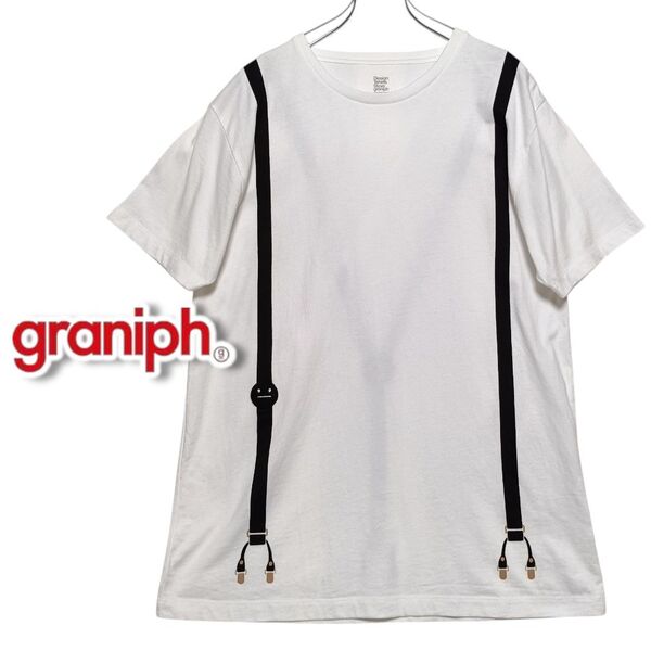 graniph グラニフ ビューティフルシャドー サスペンダー 半袖Tシャツ 白 男女兼用
