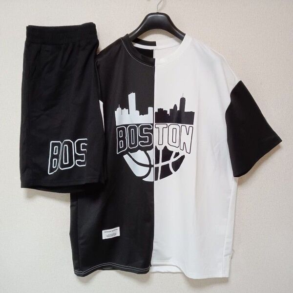 BOSTONボストン新品未使用上下セットアップTシャツパンツモノトーン黒白サイズXL