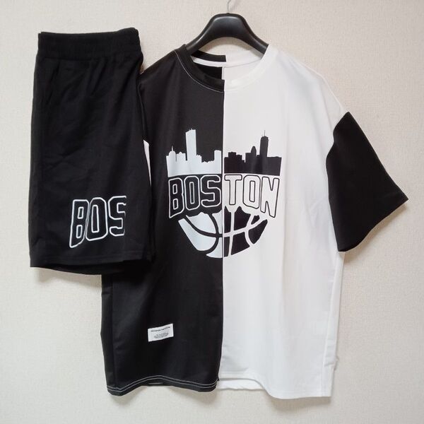 BOSTONボストン新品未使用上下セットアップTシャツパンツモノトーン黒白サイズXL※プリント欠有