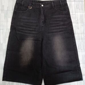 ブラックデニムパンツ七〜八分丈新品未使用ヴィンテージ加工ボトムスブラックサイズXL