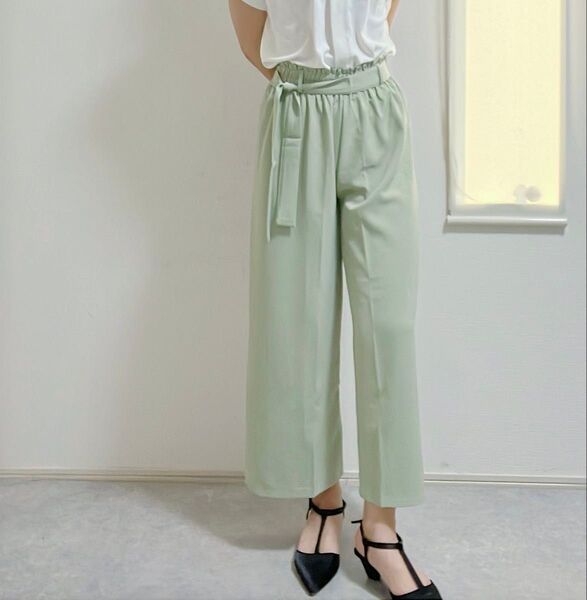 ワイドフレアパンツ ガウチョ ウエストリボン パンツ