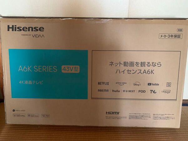 【新品未開封】保証あり ハイセンス 43V型 4K液晶テレビ 43A6K メーカー保証
