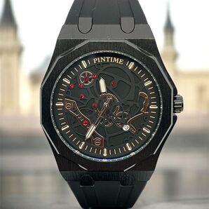 【送料込】PINTIME スケルトンデザイン ブラック×ローズゴールド クォーツ 黒文字盤