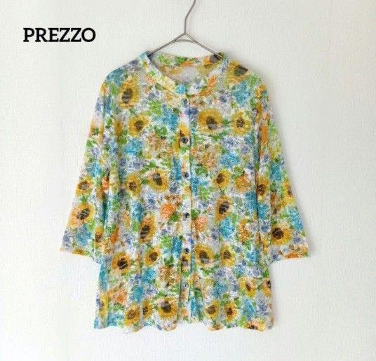 PREZZO☆ひまわり柄 デッサンタッチのフラワープリント ノーカラーシャツ