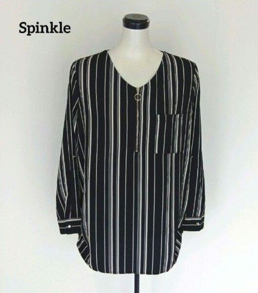 Spinkle スピンクル☆袖ロールアップ可能なストライプ柄のブラウス/長め丈