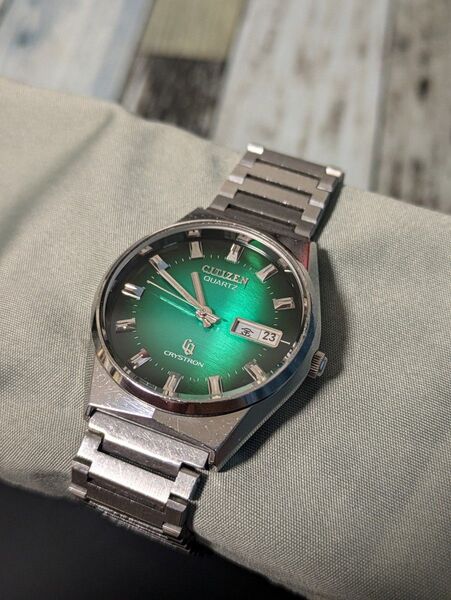 CITIZEN クリストロン 稼働品 美品 グリーン クォーツ時計 オールドウォッチ SEIKO デイデイト