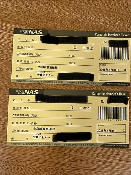 特価品【有効期限25年5月末】スポーツクラブNAS 施設利用券 2枚セット