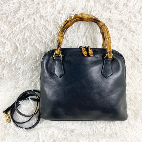 極美品 オールドグッチ バンブー ショルダーバッグ 2way レザー ネイビー
